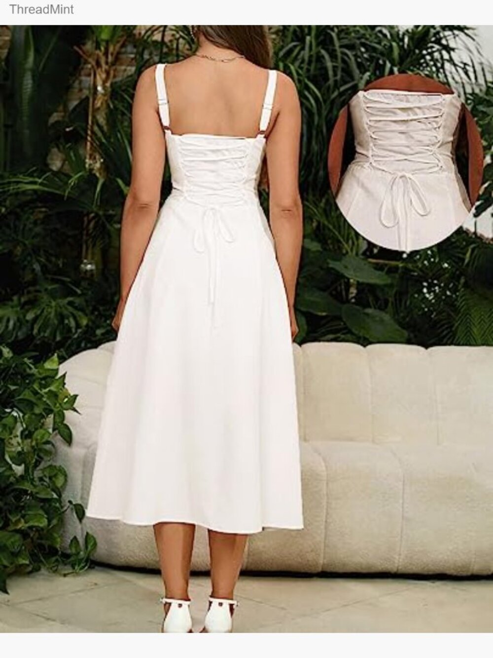 Midi Corset Sundress Flowy A-Line Slit Lace Up Tea Party Dress - Picture 2 of 7